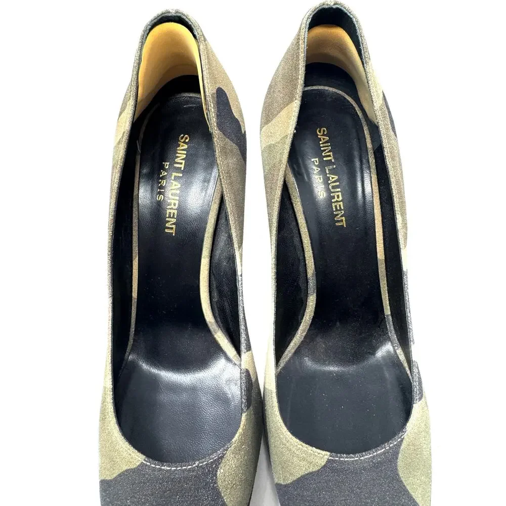 Saint Laurent Camouflage Khaki Suede Pumps Heels Sz 37.5 Pointed Toe Stiletto - Picture 11 of 13